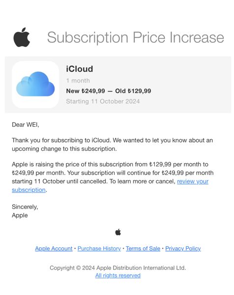 iCloud 2T土耳其订阅调整至249.99里拉